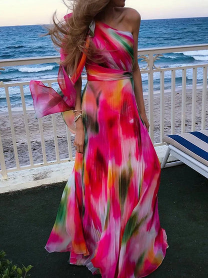 FashionSierra - 2024 Colorful Gradient Print Skew Collar Bow Boho Dress
