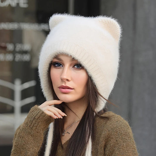 Plush Double Layer Rabbit Hair Knitted Hat with Elastic Strap