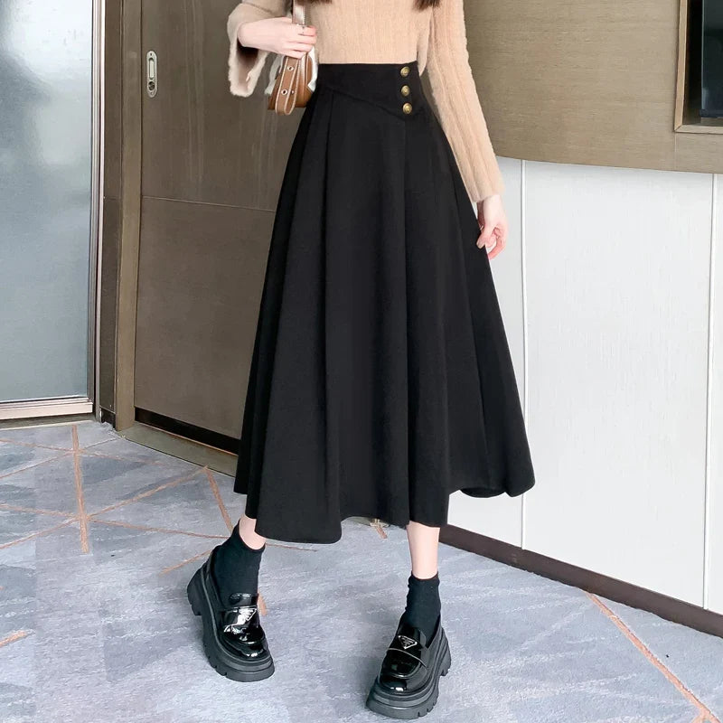 FashionSierra - New Fashion High Waist A-line Pleated Women Autumn Winter Woolen Long Office Lady Elegant Wool Skirt