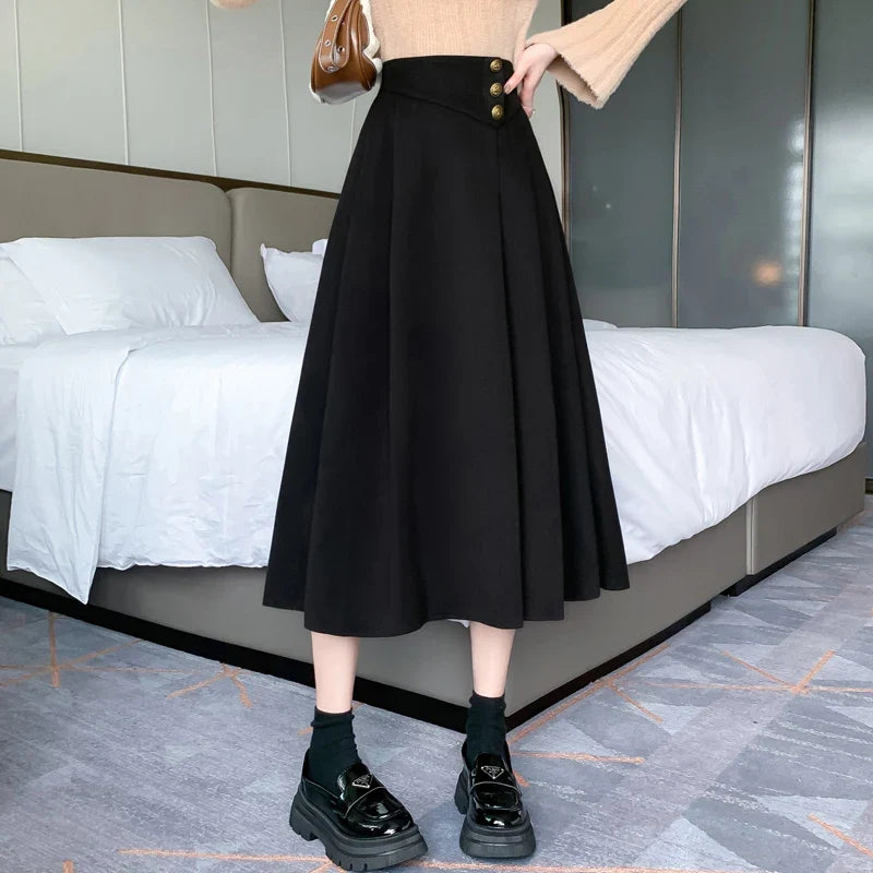 FashionSierra - New Fashion High Waist A-line Pleated Women Autumn Winter Woolen Long Office Lady Elegant Wool Skirt