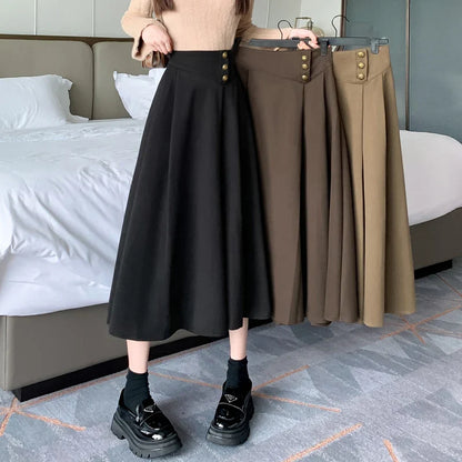 FashionSierra - New Fashion High Waist A-line Pleated Women Autumn Winter Woolen Long Office Lady Elegant Wool Skirt