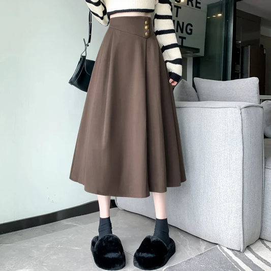 FashionSierra - New Fashion High Waist A-line Pleated Women Autumn Winter Woolen Long Office Lady Elegant Wool Skirt