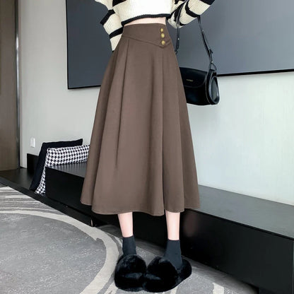 FashionSierra - New Fashion High Waist A-line Pleated Women Autumn Winter Woolen Long Office Lady Elegant Wool Skirt