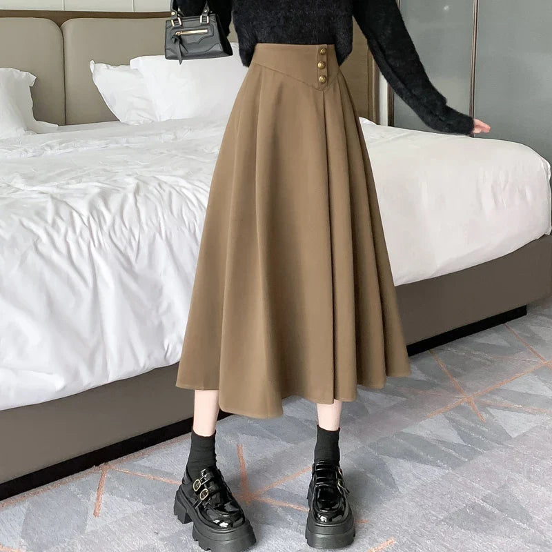 FashionSierra - New Fashion High Waist A-line Pleated Women Autumn Winter Woolen Long Office Lady Elegant Wool Skirt