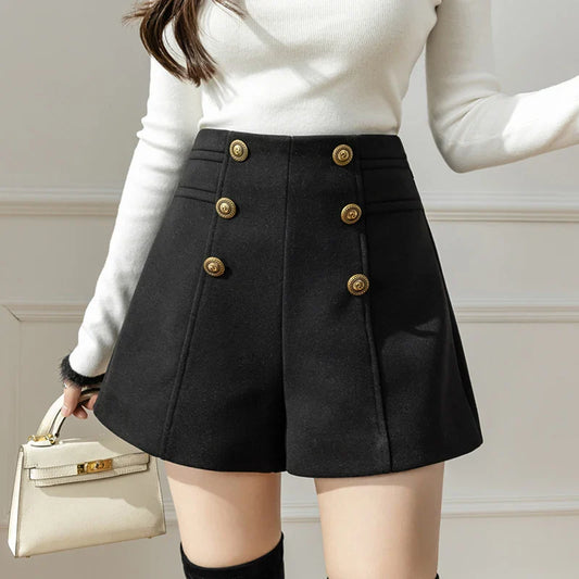 FashionSierra - New Autumn Winter A-line Woolen Double-breasted Boots High Waist Shorts Women 2024 Shorts