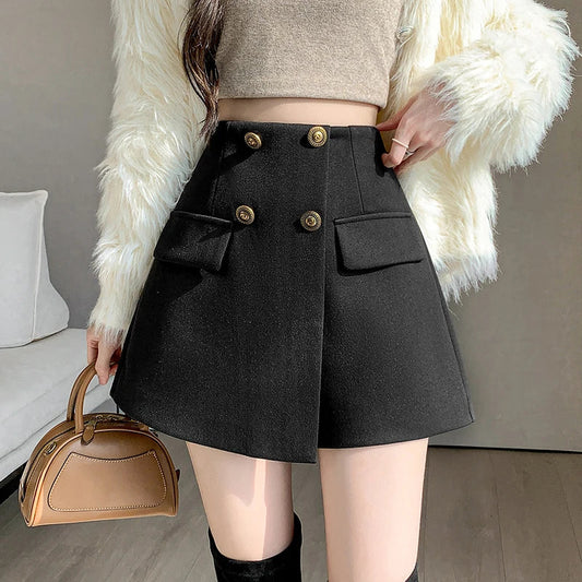 FashionSierra - New Autumn Winter Wool High Waist Double-breasted Korean Ladies Culottes Shorts Women Shorts