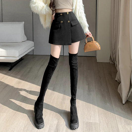 FashionSierra - New Autumn Winter Wool High Waist Double-breasted Korean Ladies Culottes Shorts Women Shorts