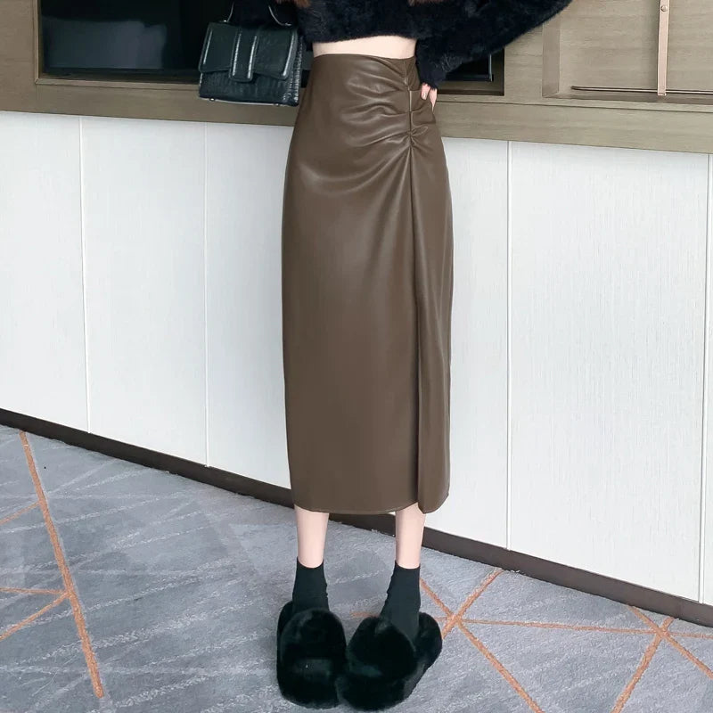 FashionSierra - New Fashion High Waist Front Slit Midi Leather Women 2024 Autumn Winter PU Leathers Ladies Long Skirt