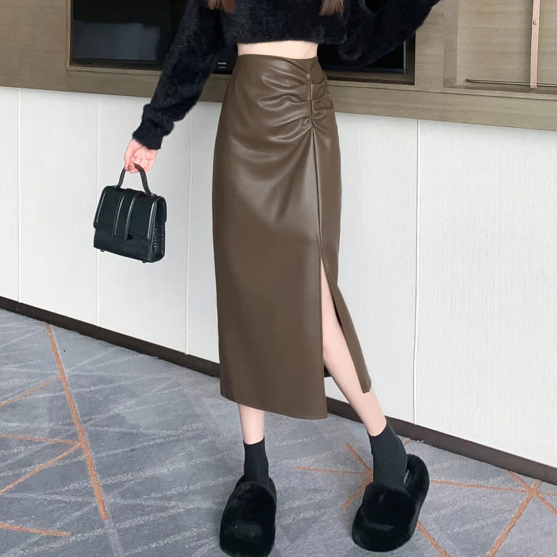 FashionSierra - New Fashion High Waist Front Slit Midi Leather Women 2024 Autumn Winter PU Leathers Ladies Long Skirt