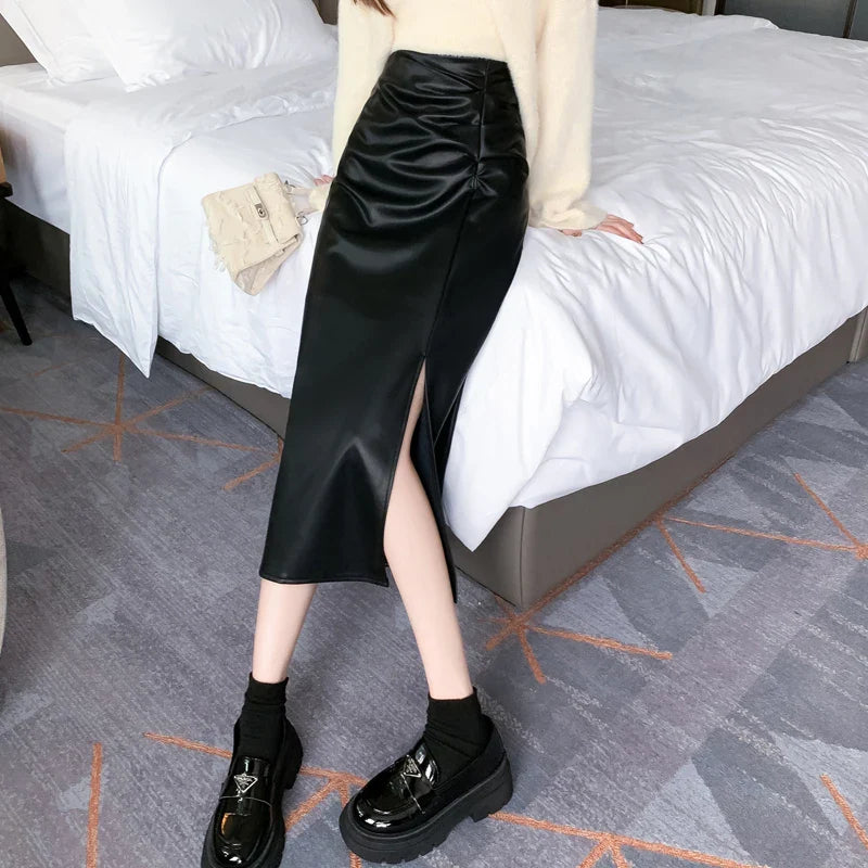 FashionSierra - New Fashion High Waist Front Slit Midi Leather Women 2024 Autumn Winter PU Leathers Ladies Long Skirt