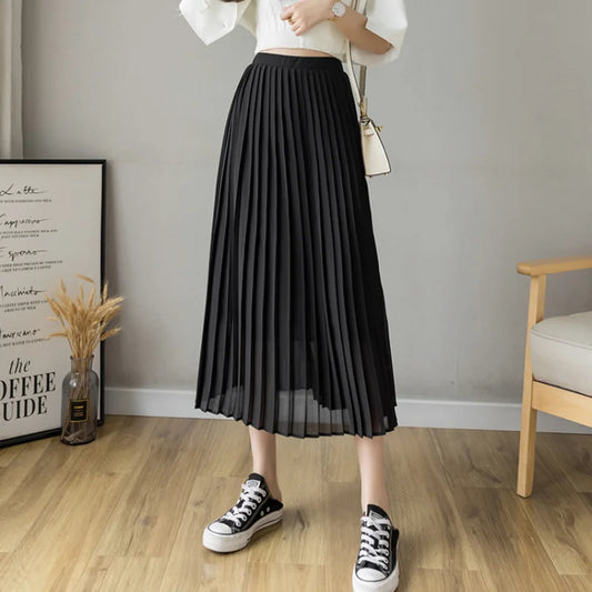 FashionSierra - New Fashion High Waist Pleated Long Women Summer Casual Solid Color A-line Chiffon Female Midi Skirt