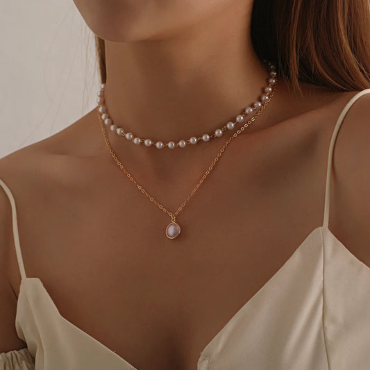 New Fashion Kpop Double Baroque Pearl Charm Wedding Girl Necklake