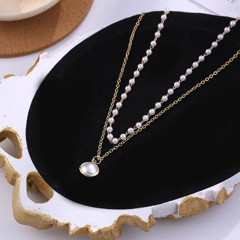 New Fashion Kpop Double Baroque Pearl Charm Wedding Girl Necklake