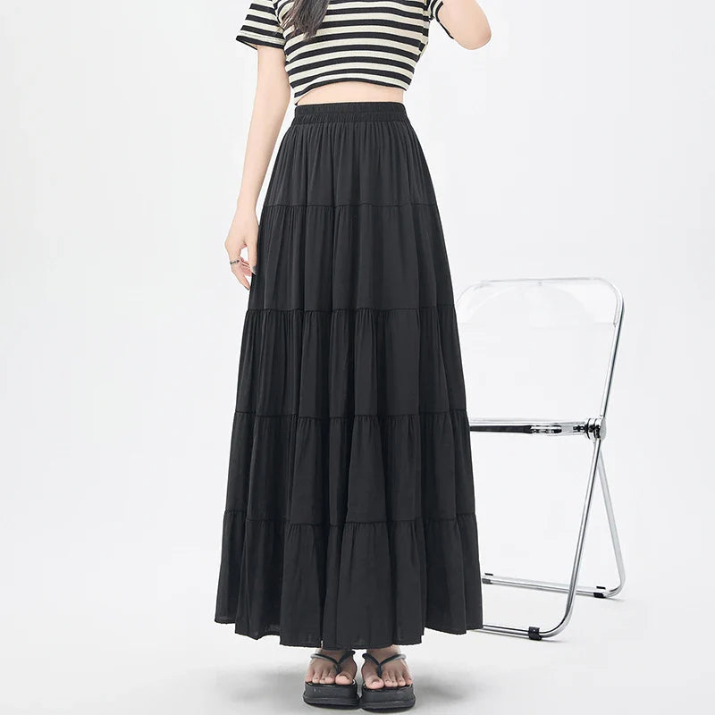 FashionSierra - New Fashion Women Layered 2024 Spring Summer High Waist A-line Long Ladies Holiday Style Casual Loose Skirt