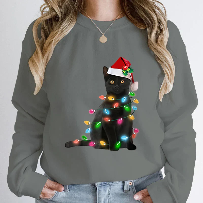 Hoodless Pullover Cute Black Cat Christmas Light Print Hoodie Multi / S Hoodies-L