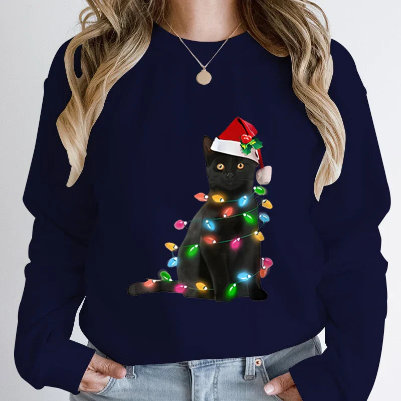 Hoodless Pullover Cute Black Cat Christmas Light Print Hoodie Deep Blue / S Hoodies-L