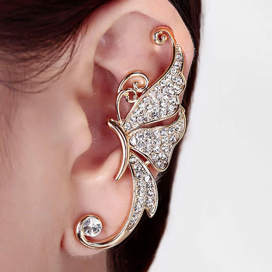 Gold Angel Wing Crystal Butterfly Ear Stud Cuff Earring