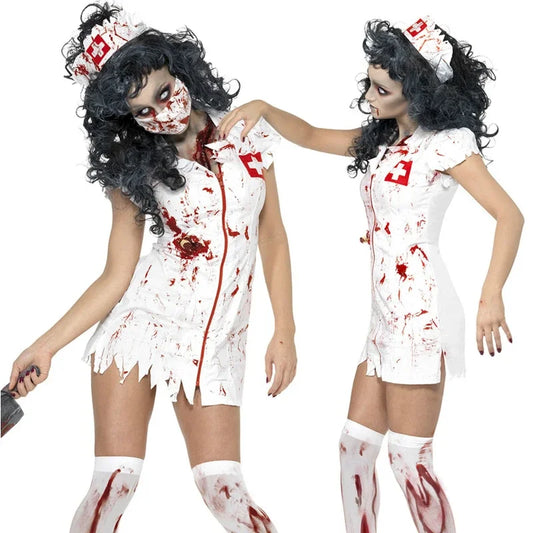 Halloween Bloody Rose Mary Nurse White Zombie Demon Cosplay Costume