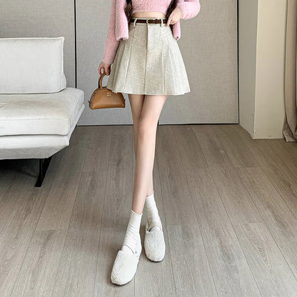 FashionSierra - New Korean Fashion High Waist A-line Mini Pleated Women Autumn Winter Woolen Woman Casual Wool Short Skirt