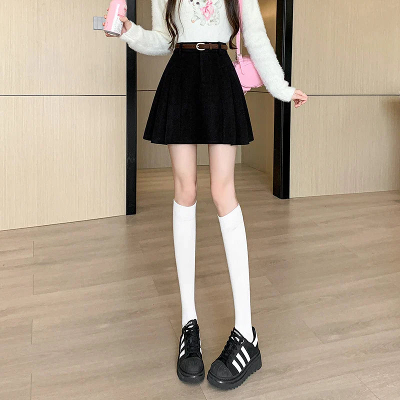 FashionSierra - New Korean Fashion High Waist A-line Mini Pleated Women Autumn Winter Woolen Woman Casual Wool Short Skirt