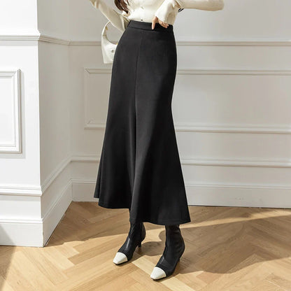 FashionSierra - New Korean Office Ladies Mermaid 2024 Autumn Winter Woolen Long Women Fashion High Waist Wool Midi Skirt