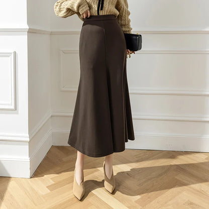 FashionSierra - New Korean Office Ladies Mermaid 2024 Autumn Winter Woolen Long Women Fashion High Waist Wool Midi Skirt