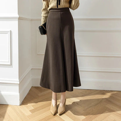 FashionSierra - New Korean Office Ladies Mermaid 2024 Autumn Winter Woolen Long Women Fashion High Waist Wool Midi Skirt