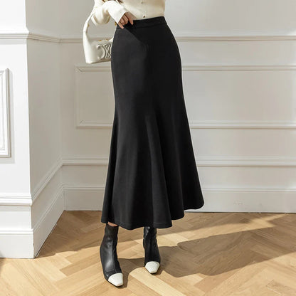 FashionSierra - New Korean Office Ladies Mermaid 2024 Autumn Winter Woolen Long Women Fashion High Waist Wool Midi Skirt