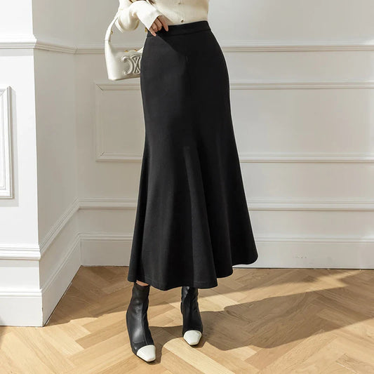 FashionSierra - New Korean Office Ladies Mermaid 2024 Autumn Winter Woolen Long Women Fashion High Waist Wool Midi Skirt