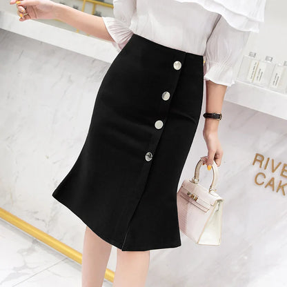 FashionSierra - New Korean Office Lady Single-breasted Pencil Womens High Waist Bodycon Stretch Package Hip Midi Skirt