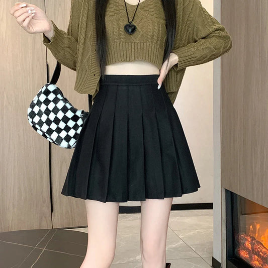 FashionSierra - New Korean Preppy Style Mini Pleated Women 2024 New High Waist Woolen Autumn Winter Casual Wool Skirt