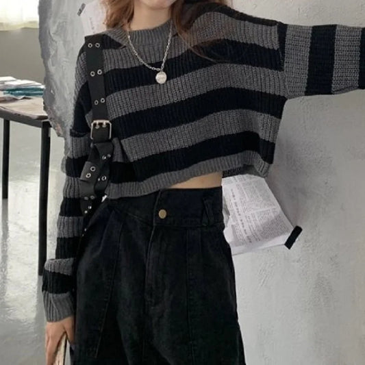 FashionSierra - New Korean Style Cropped Vintage Oversize Knit Jumper Autumn Long Sleeve O-neck Pullover Sweater