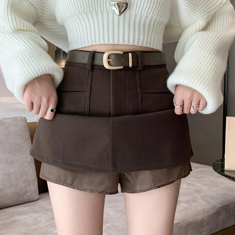 FashionSierra - New Korean Women High Waist A-line Mini Autumn Winter Fashion Pockets Package Hip Ladies Wool Short Skirt