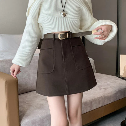 FashionSierra - New Korean Women High Waist A-line Mini Autumn Winter Fashion Pockets Package Hip Ladies Wool Short Skirt