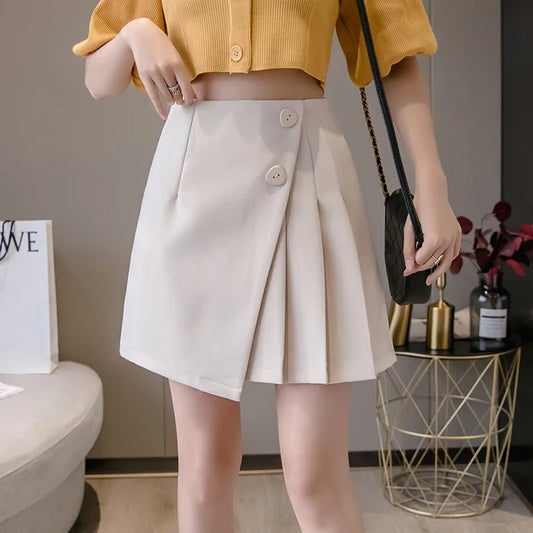 FashionSierra - New Preppy Style High Waist Pleated Mini Women Summer Fashion Buttons A-Line Black Woman Casual Short Skirt