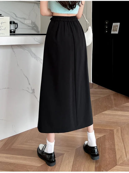 FashionSierra - New Spring Autumn Women Long Fashion High Waist A-line Pleated Korean Ladies Elegant Mid-Length Skirt