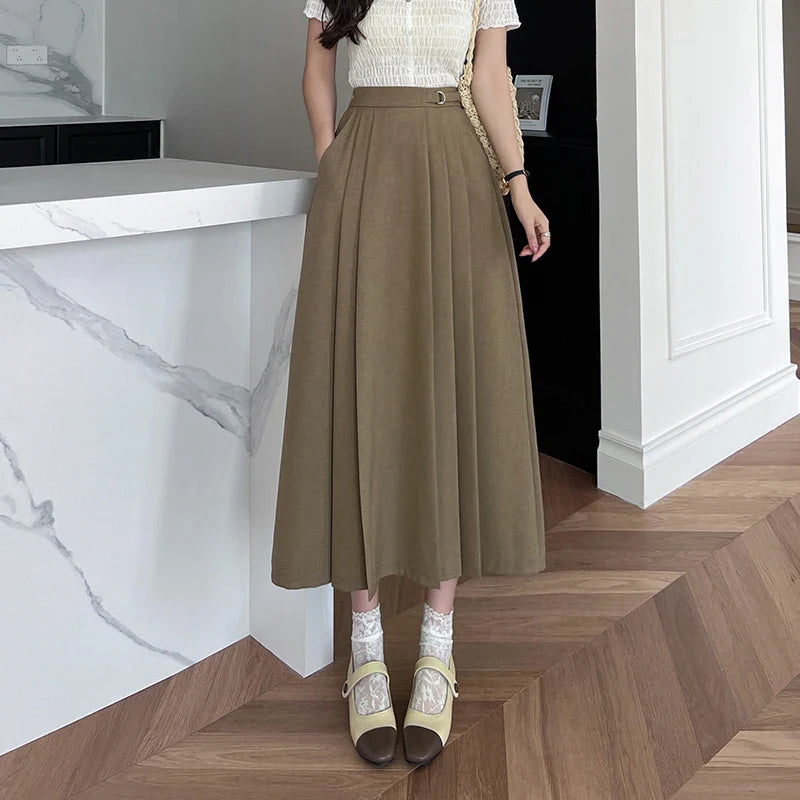 FashionSierra - New Spring Autumn Women Long Fashion High Waist A-line Pleated Korean Ladies Elegant Mid-Length Skirt