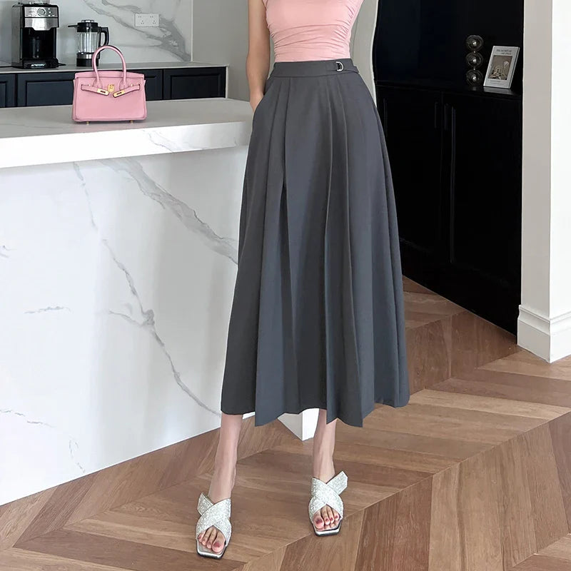 FashionSierra - New Spring Autumn Women Long Fashion High Waist A-line Pleated Korean Ladies Elegant Mid-Length Skirt