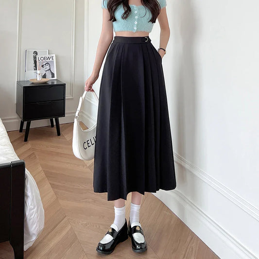 FashionSierra - New Spring Autumn Women Long Fashion High Waist A-line Pleated Korean Ladies Elegant Mid-Length Skirt