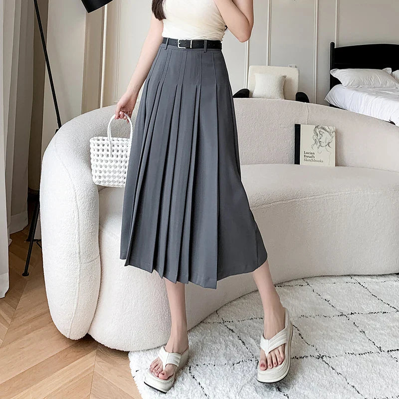 FashionSierra - New Spring Autumn High Waist Midi Pleated Womens Fashion A-line Casual Suit Ladies Vintage Umbrella Skirt