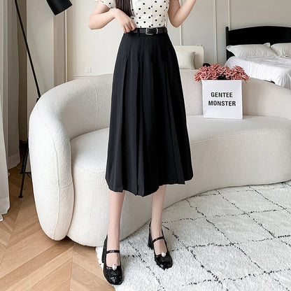 FashionSierra - New Spring Autumn High Waist Midi Pleated Womens Fashion A-line Casual Suit Ladies Vintage Umbrella Skirt