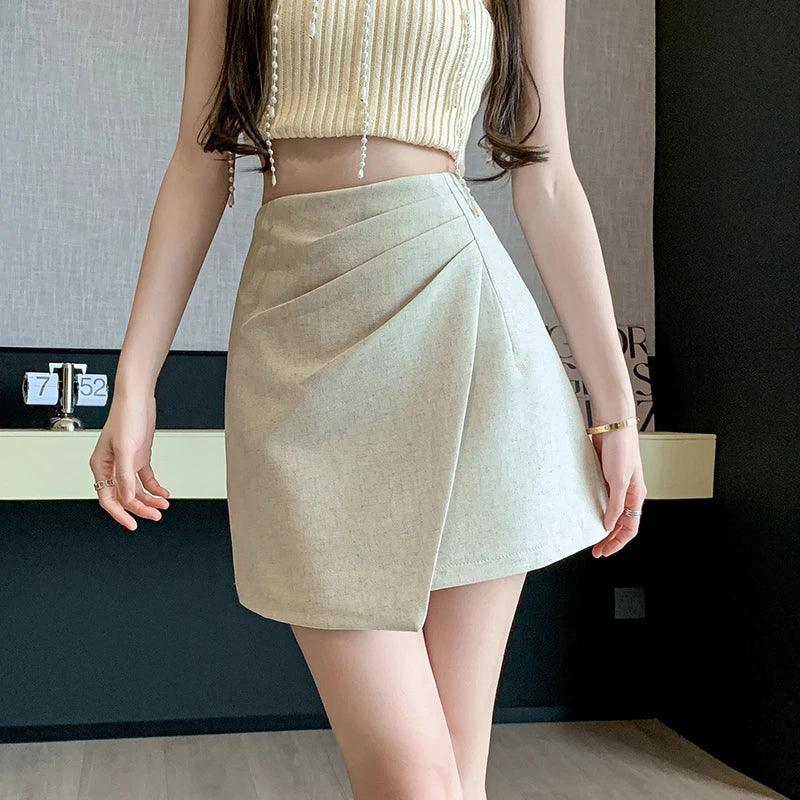 FashionSierra - New Summer Fashion Folds High Waist Package Hip Women Asymmetrical Suit Short Ladies Casual Skirt