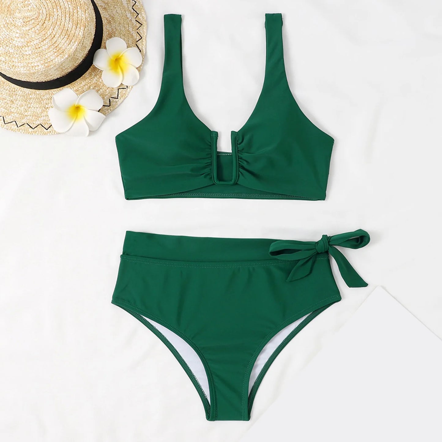 New Solid Color High Waist Split Bathing Suits With Shorts Bottoms Bikini Sets