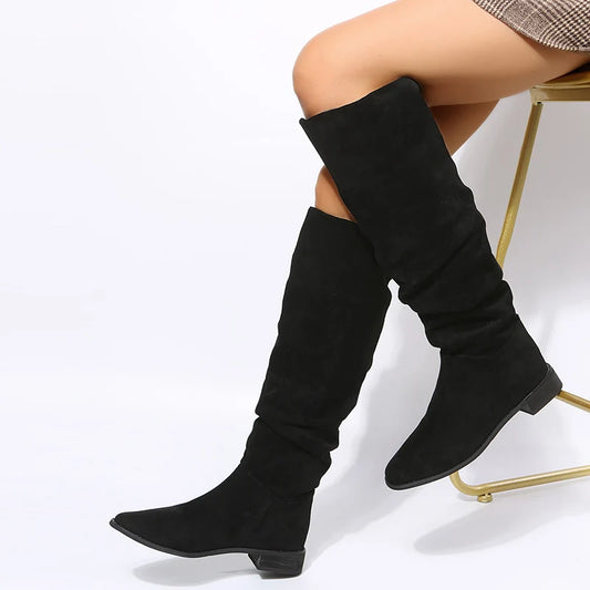 New Winter Women Apricot Black Brown Suede Pointed Toe Pleated Knee High Boots Lady Tube Slip on Long Boots Shoes Zapatos Mujer