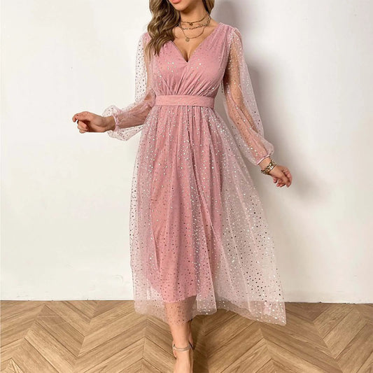 FashionSierra - Evening Sequins Mesh Tulle Long Sleeve Elegant Banquet Dress