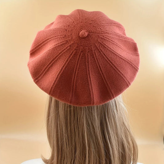 French Stripe Plaid Military Top Painter Beret Women Hat - Wool Knitted Brick Red Hat-L