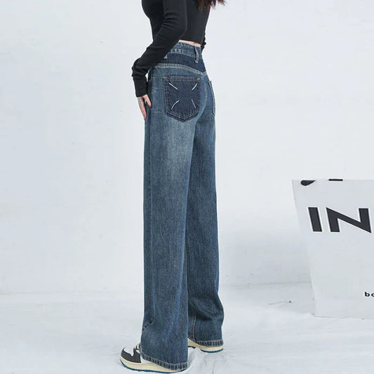 Women Waist Thin Loose Straight Large Size Retro Wide-Legged Dragging Jeans
