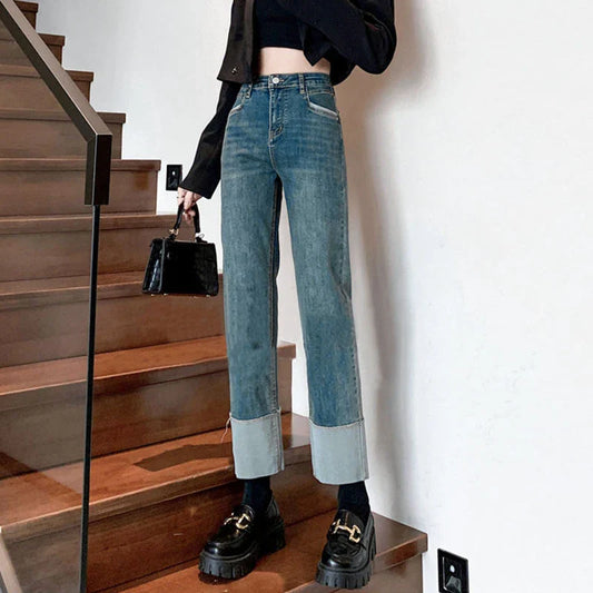 People Hit Color Splicing Flap Casual Elastic Slim Retro Straight High-Waisted Jeans