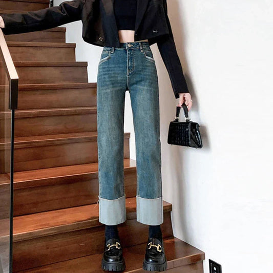 People Hit Color Splicing Flap Casual Elastic Slim Retro Straight High-Waisted Jeans