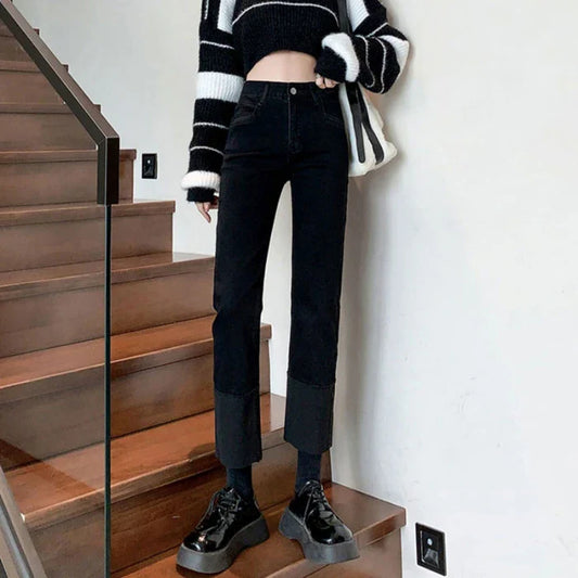 People Hit Color Splicing Flap Casual Elastic Slim Retro Straight High-Waisted Jeans